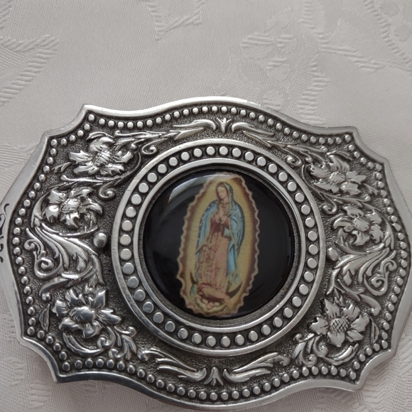 Made in Mexico Lady Guadalupe silvertone floral embossed buckle